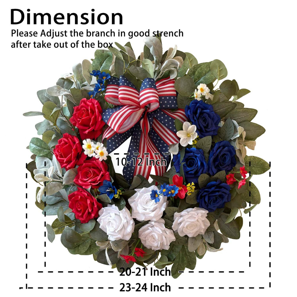 24 Inch Patriotic Wreath, Rose 4th of July Wreaths for Front Door