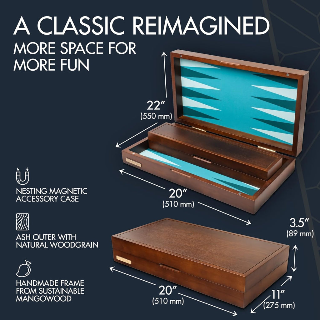 20 Inch Large Backgammon Sets for Adults, Green Backgammon Board, Solid Wood. Removable Accessory Tray, Premium 1.5