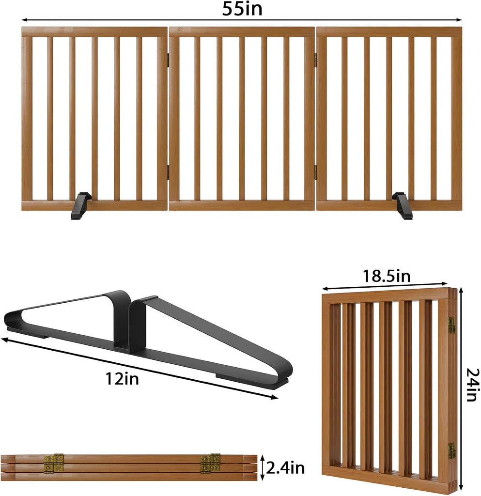 Freestanding Pet Gate Foldable Dog Gate (55 inches Wide) Walnut Bamboo Dog Gates for Stairs Doorways House (2 Support