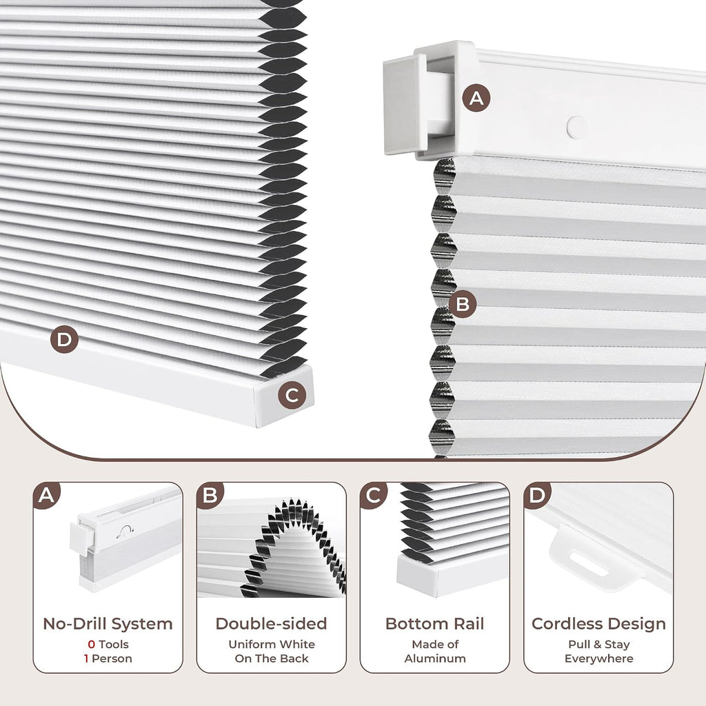 No Drill Blinds for Windows Blackout Cordless Cellular Shades Honeycomb Blinds Pull Down, Free Stop Easy Install