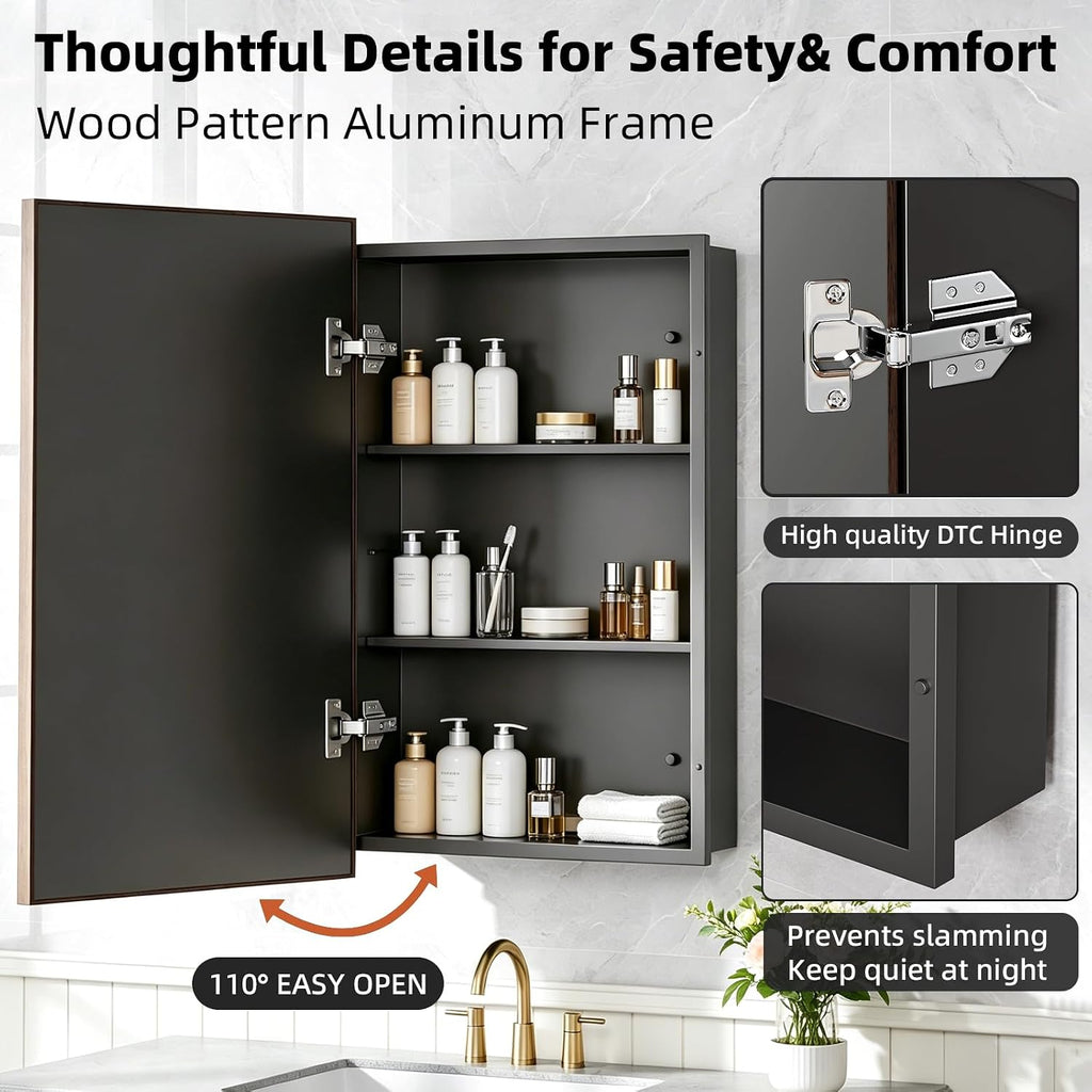 Recessed Medicine Cabinet Mirror with Storage,Brown Aluminum Medicine Cabinet Frame Mirror,Tempered Glass,Mount