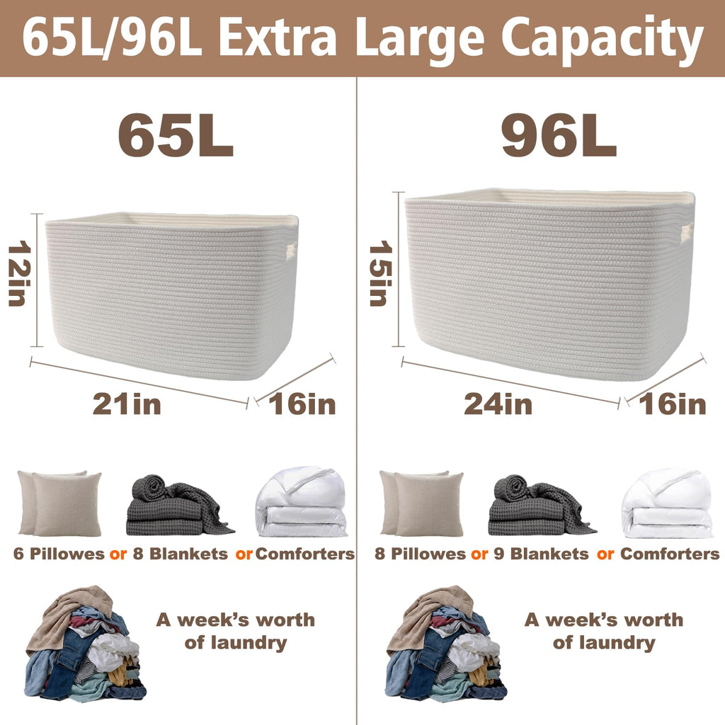 65L Large Woven Cotton Rope Blanket Basket, White