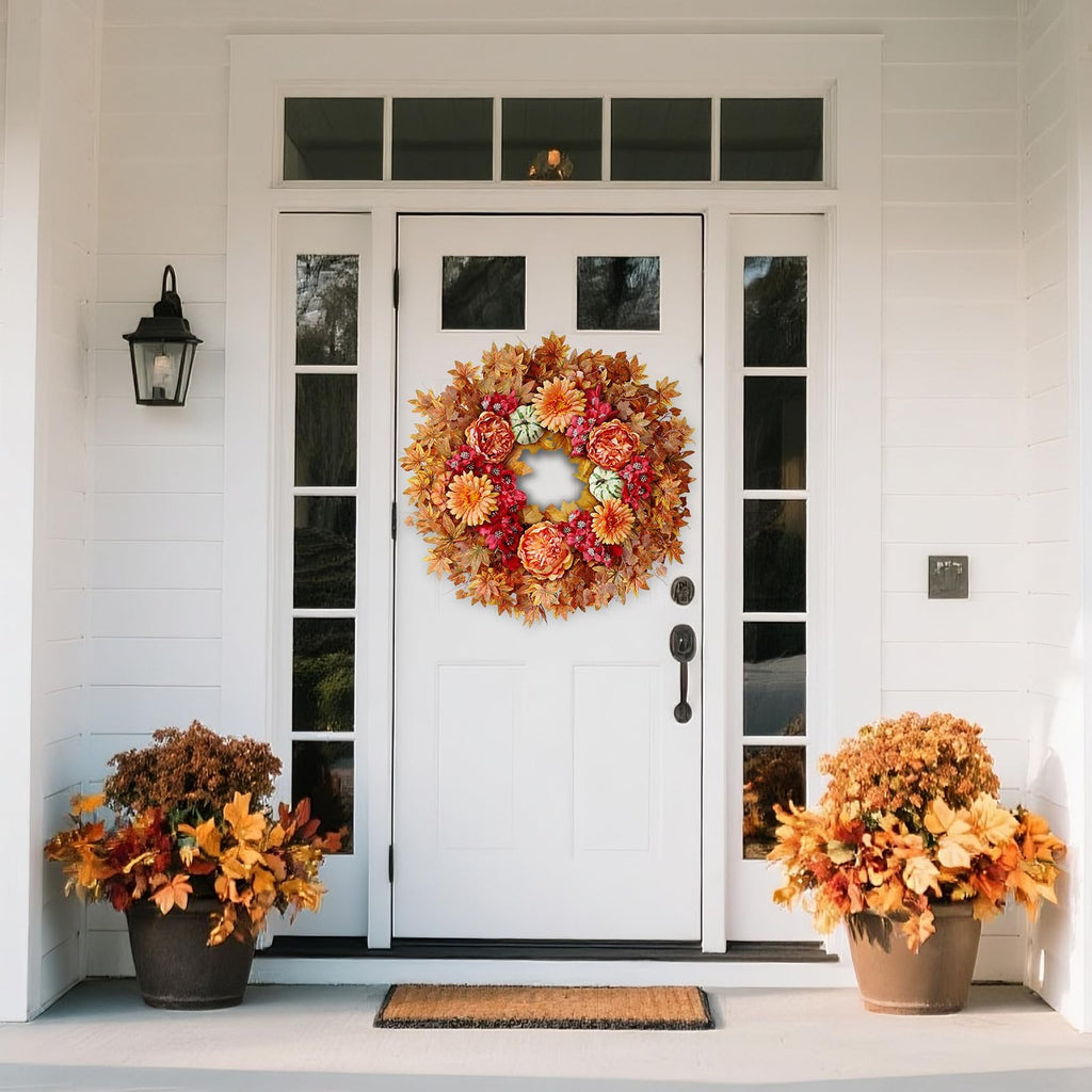 26" Artificial Fall Wreath, Silk Flowers Maple Leaf for Front Door (Orange)