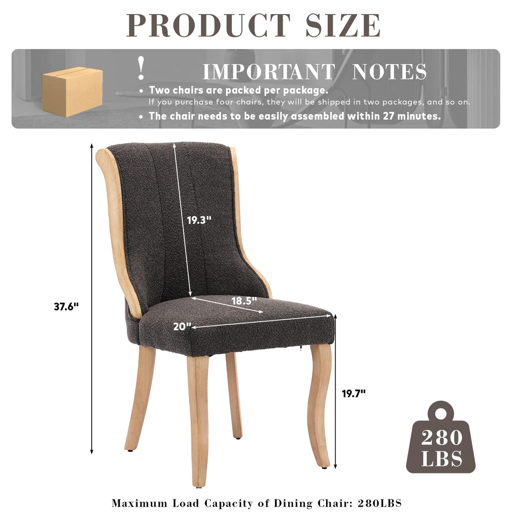 Boucle Fabric Set of 6, Curved Wood Trim and Sculpted Solid Wood Legs (Grey)