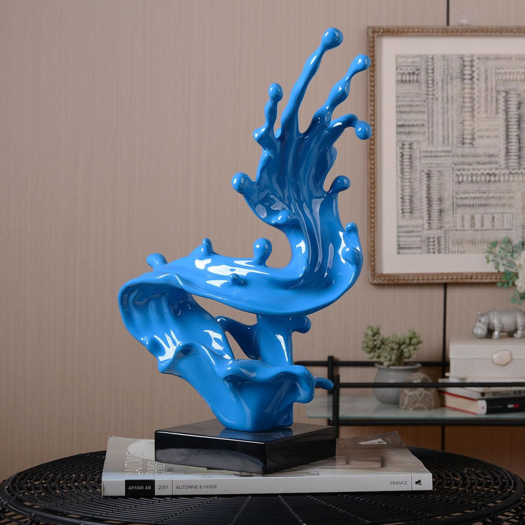 Modern Sculpture Abstract Sea Wave Figurine Home Art Decor 16.1Inch | Blue Resin Handmade Statue with Black Base