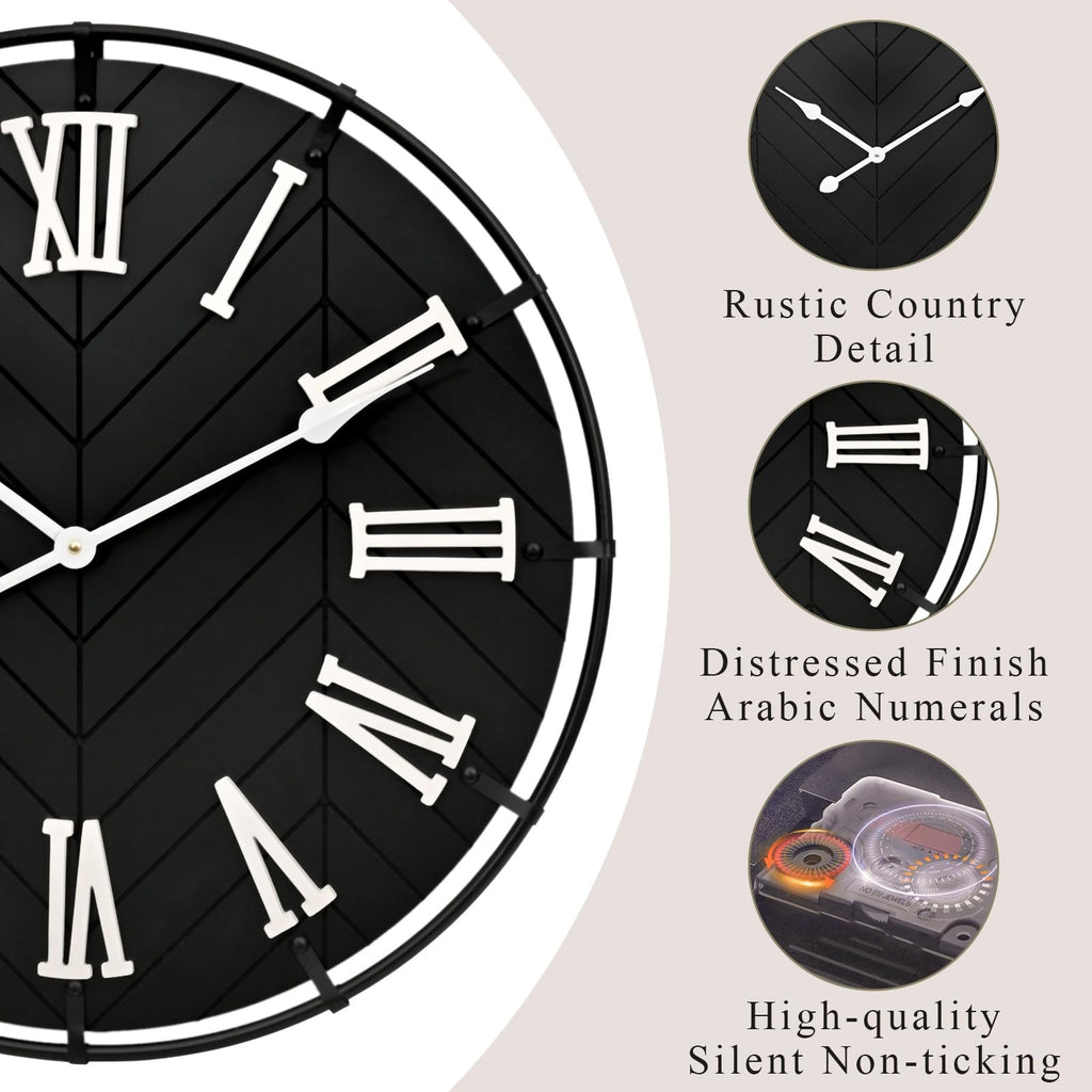 Large Wooden Wall Clock - Extra Large FarmhouseWall Clock with 3D Roman Numerals & Herringbone Splicing, Black Modern