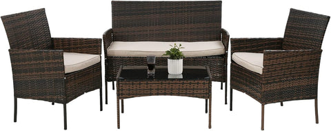 4 Pieces Patio Furniture Set Rattan Outside Furniture Wicker Sofa Garden Conversation Sets with Soft Cushion and Glass