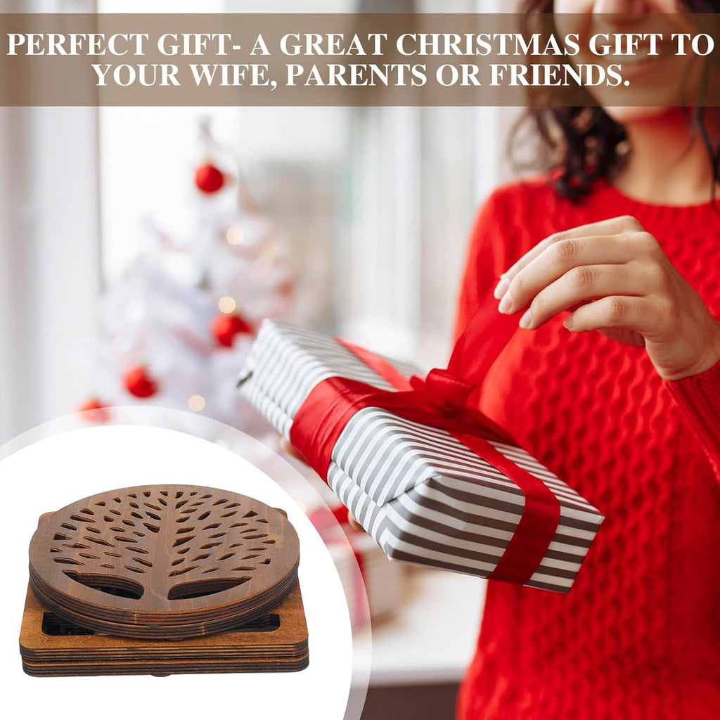Life Tree Wooden Trivets with Storage Rack Hot Pads Trivets for Hot Dishes Pots and Pans Heat Resistant Mat Set - Set of 5