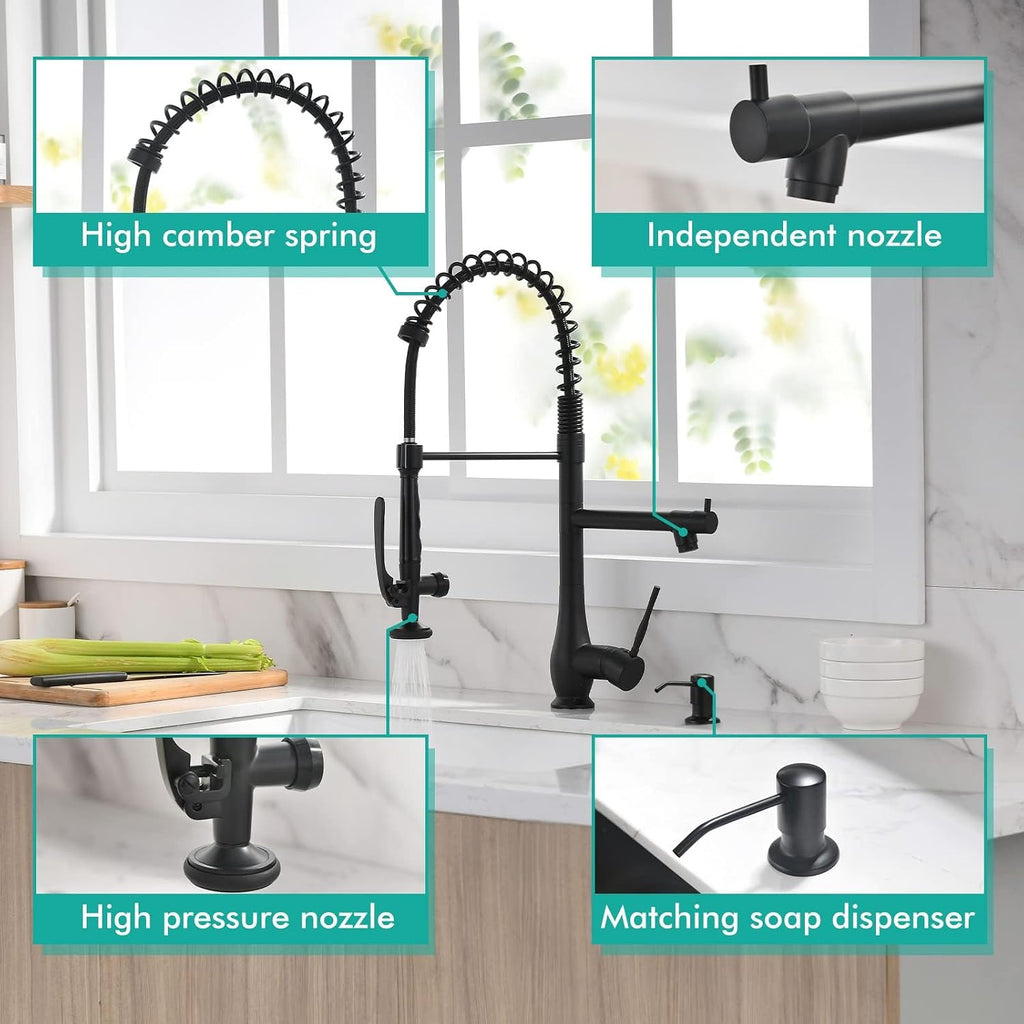 Matte Black Commercial Kitchen Sink Faucet with Soap Dispenser | High Pressure Double Headed Spray, Stainless Steel