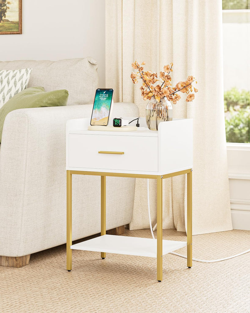Nightstand with Charging Station, Modern Bedside Table with Drawer and Legs, White and Gold Night Stand with Open