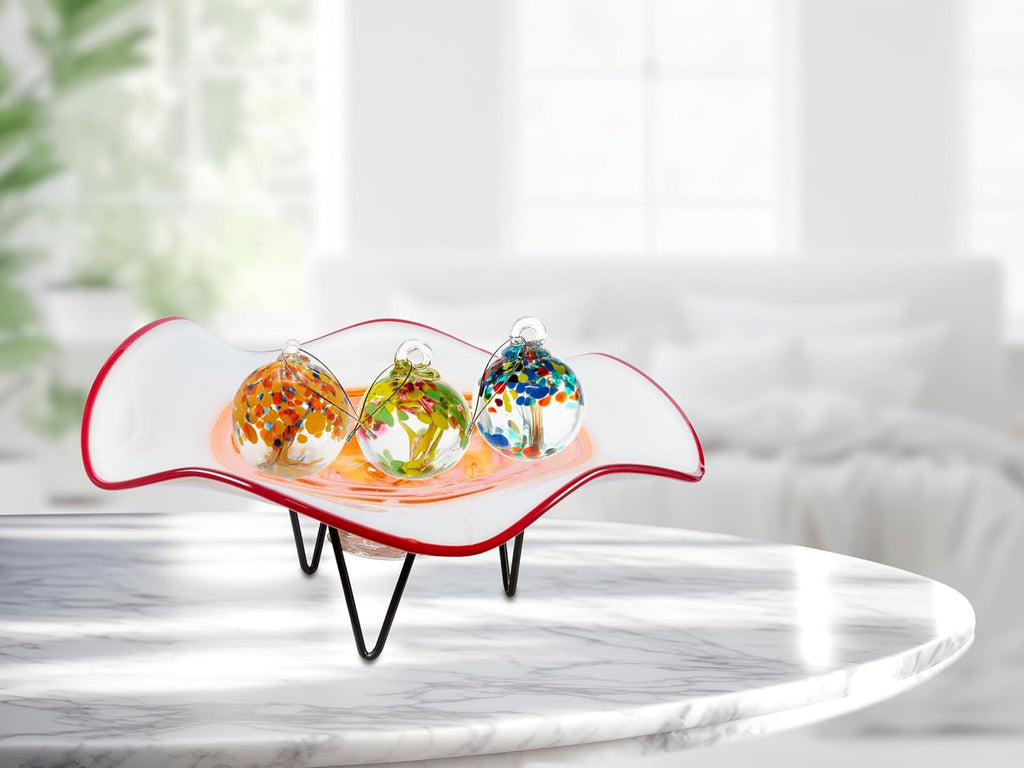 AV23010 Cavalier Hand Blown Art Glass Bowl with Decorative Centerpiece Stand, White Orange, 18-Inch Wide