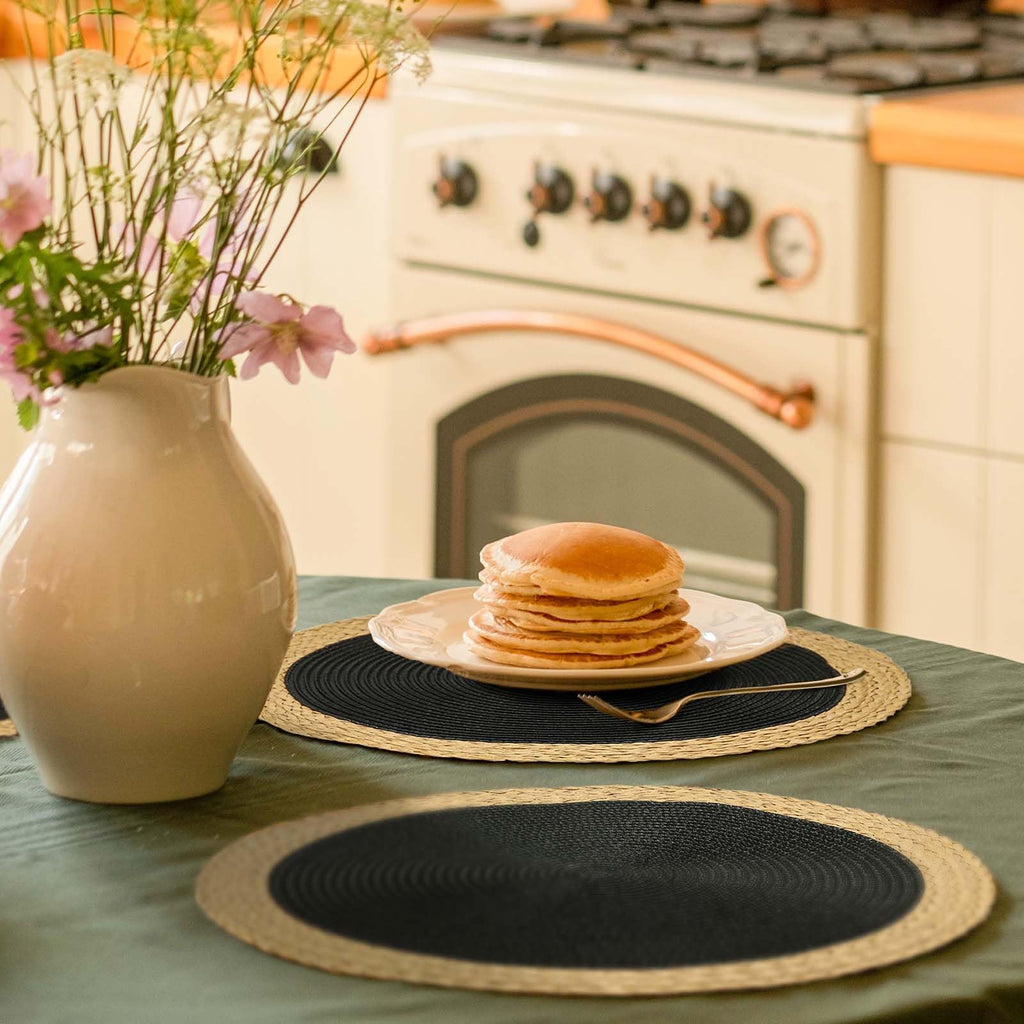 Round Placemats Set of 6, Woven Table Mats, Wide Edge, Black