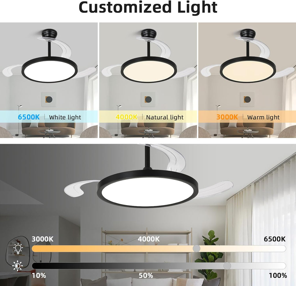 42 inch Retractable Ceiling Fan with Lights,6 Speed Dimmable Silent Fan,Modern Ceiling Fan with Light Remote Control