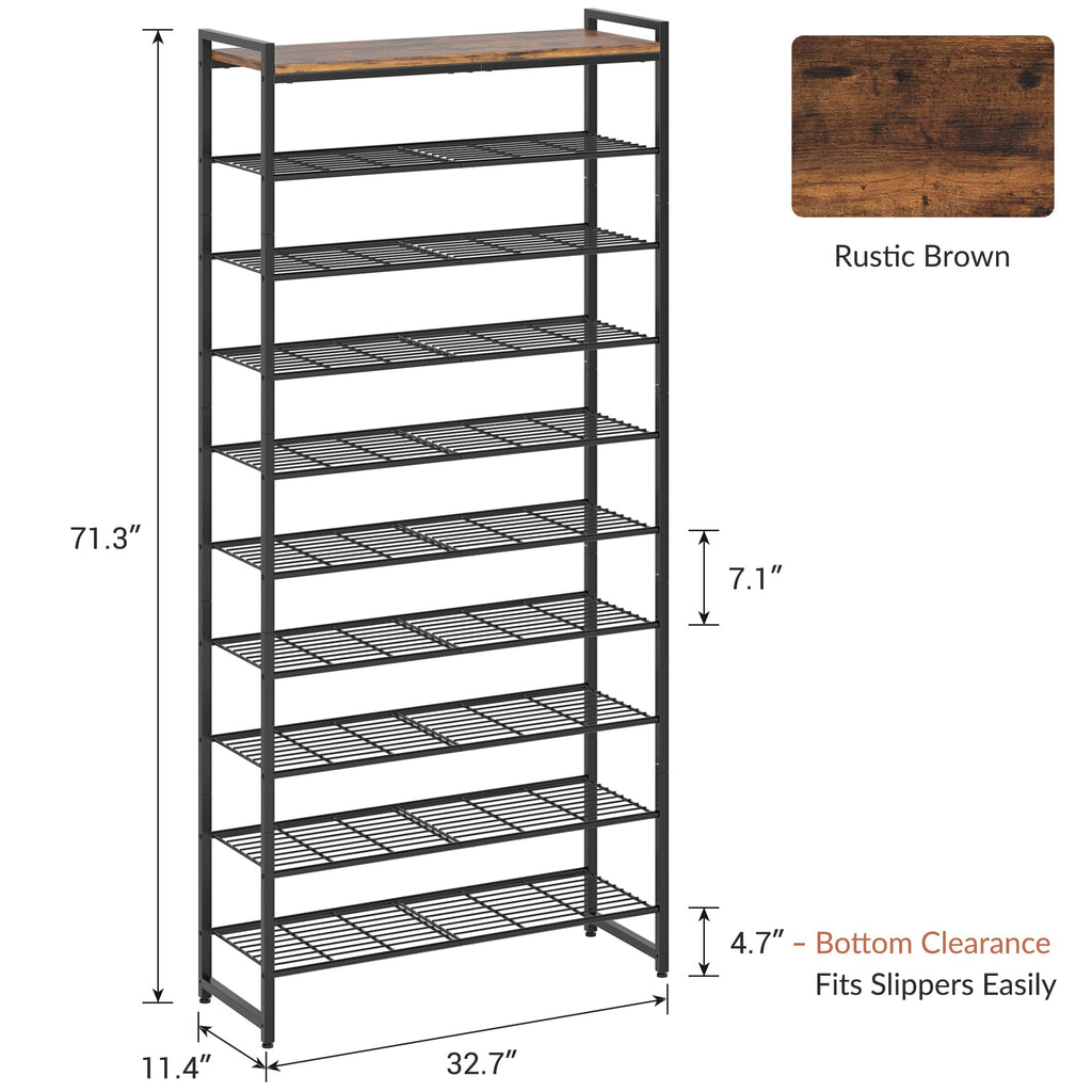 10 Tier Shoe Rack Organizer for 40-50 Pairs, Tall Metal Shoe Storage Shelf with Wood Top, Adjustable Boot Space