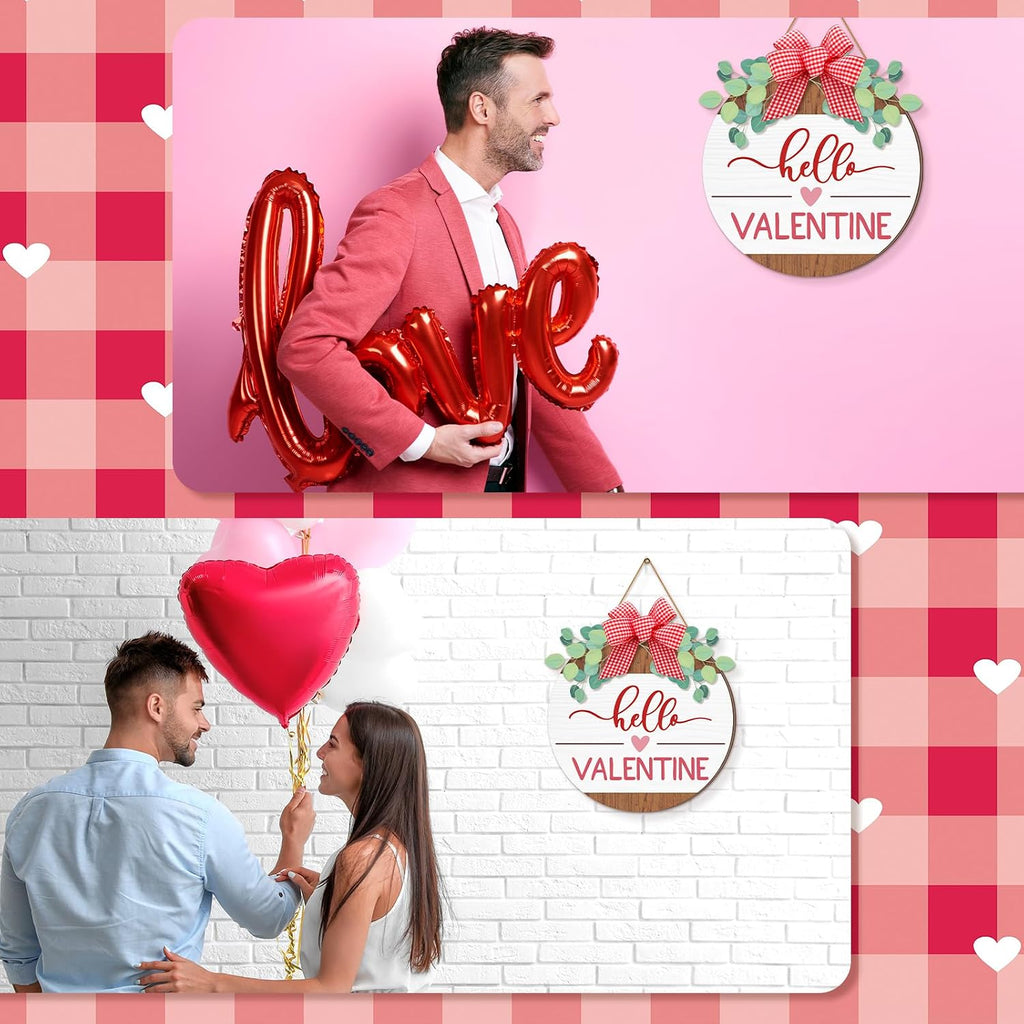 Hello Valentine's Day Sign for Front Door 12 Inches Wood Red Pink Round with Bow Valentine's Day Door Wreath Hanger