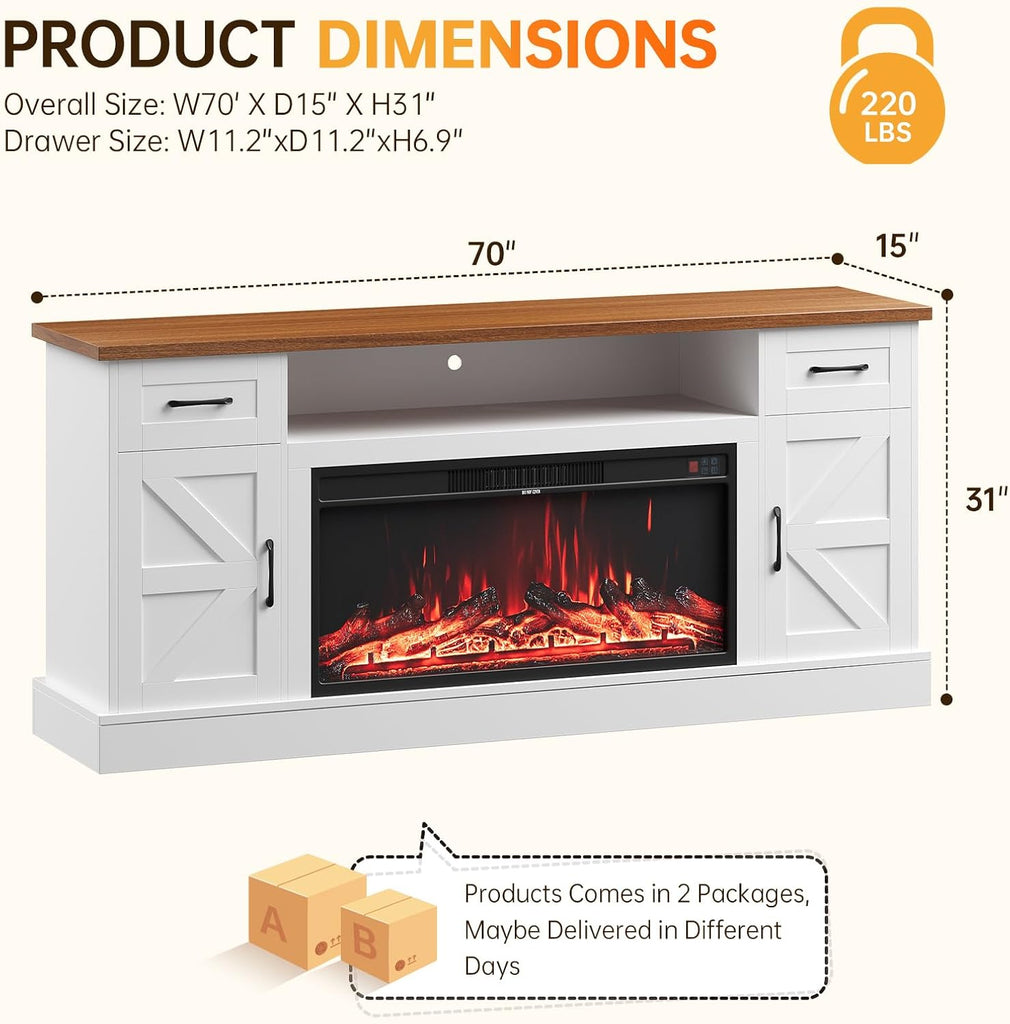 70 Inch Fireplace TV Stand for Living Room, Farmhouse Electric Fireplace Entertainment Center with Storage Cabinet, 12-Color 3D Flame and Heating, White