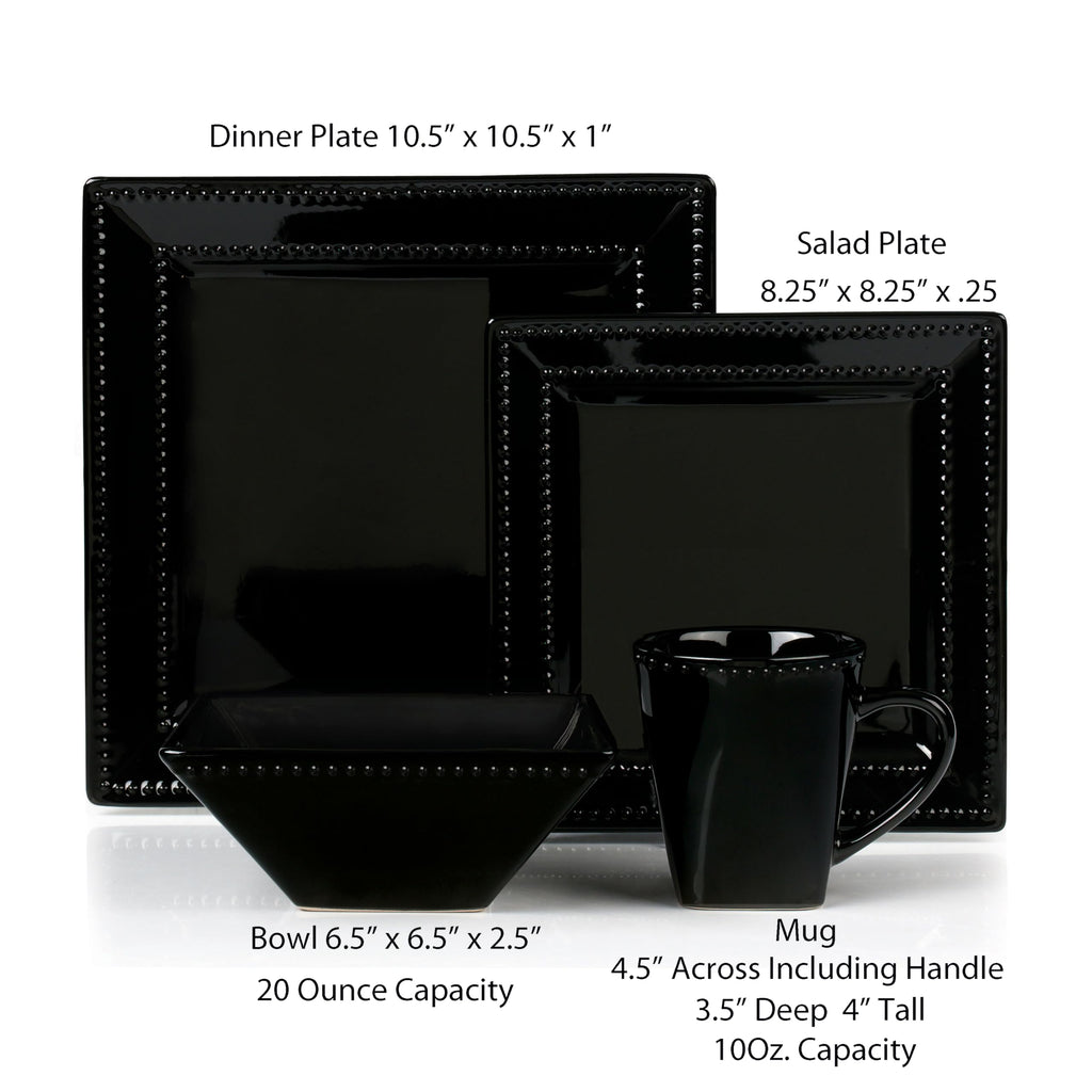 16 Piece Square Beaded Stoneware Dinnerware set by, Black