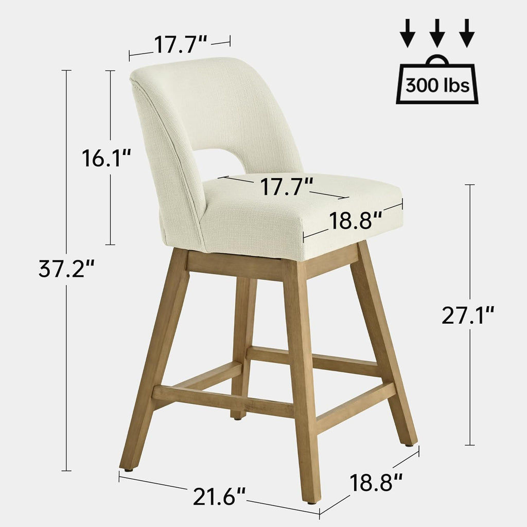 27" Swivel Bar Stools Set of 4, Upholstered Counter Height Bar Stools with Backrest and Rubberwood Legs, Fabric