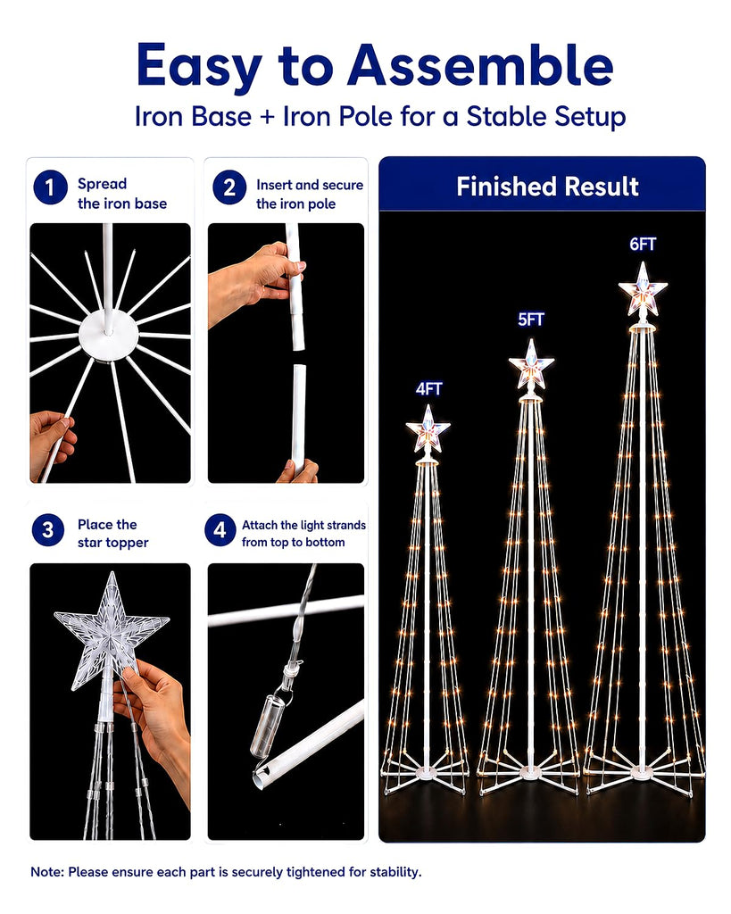 3-Piece Smart Outdoor Christmas Cone Tree Lights, 4FT 5FT 6FT