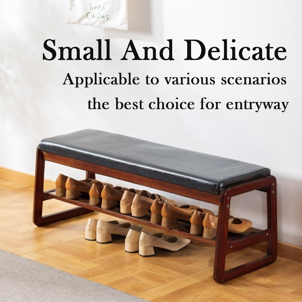 Solid Wood Bench, Entryway Shoe Bench with Cushion, 2 Tier Shoe Storage Organizer (Black, 39.70''L)