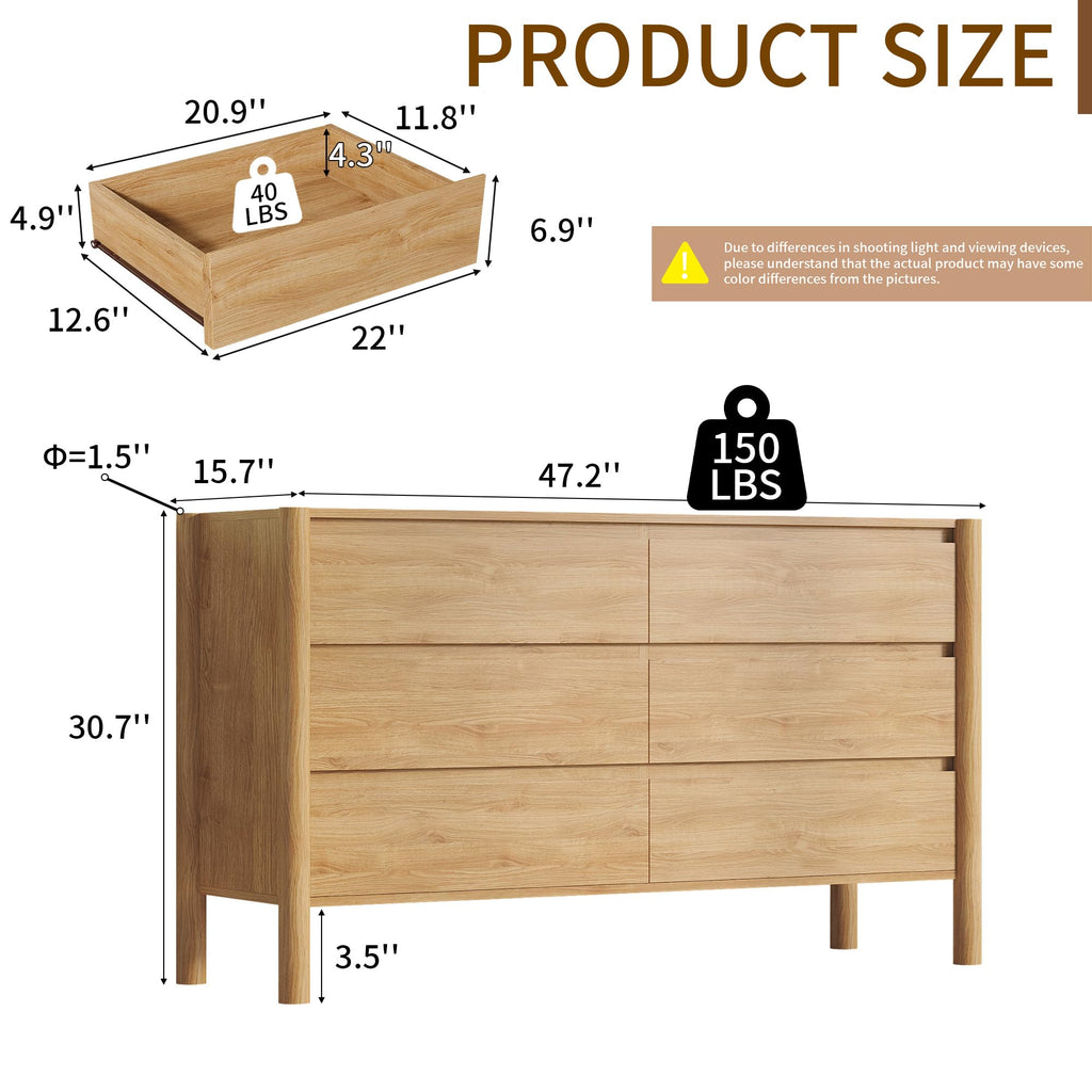 47.2" Wide Oak 6 Drawer Dresser with Solid Wood Legs