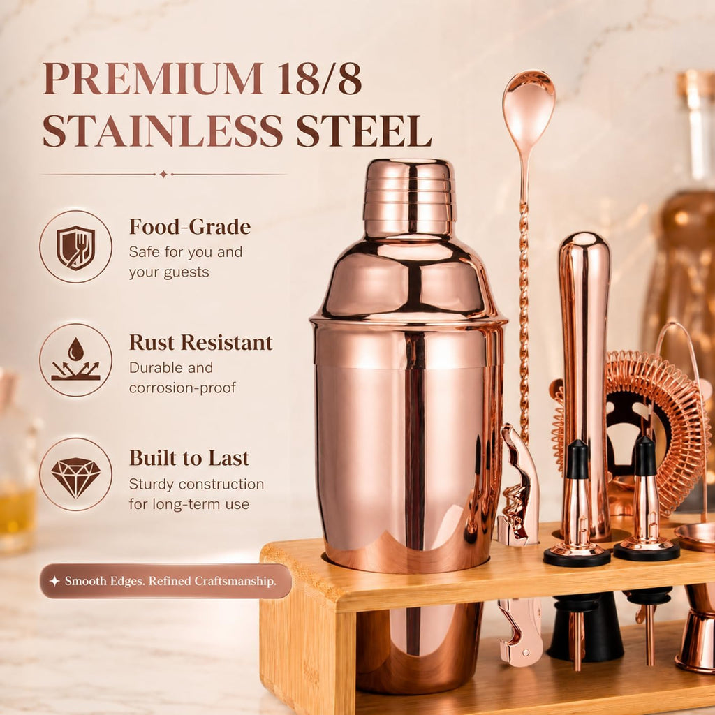 Rose Gold Cocktail Shaker Set, Premium 18/8 Stainless Steel Mixology Bartender Kit with Stylish Bamboo Stand 10-Piece - Set of 10