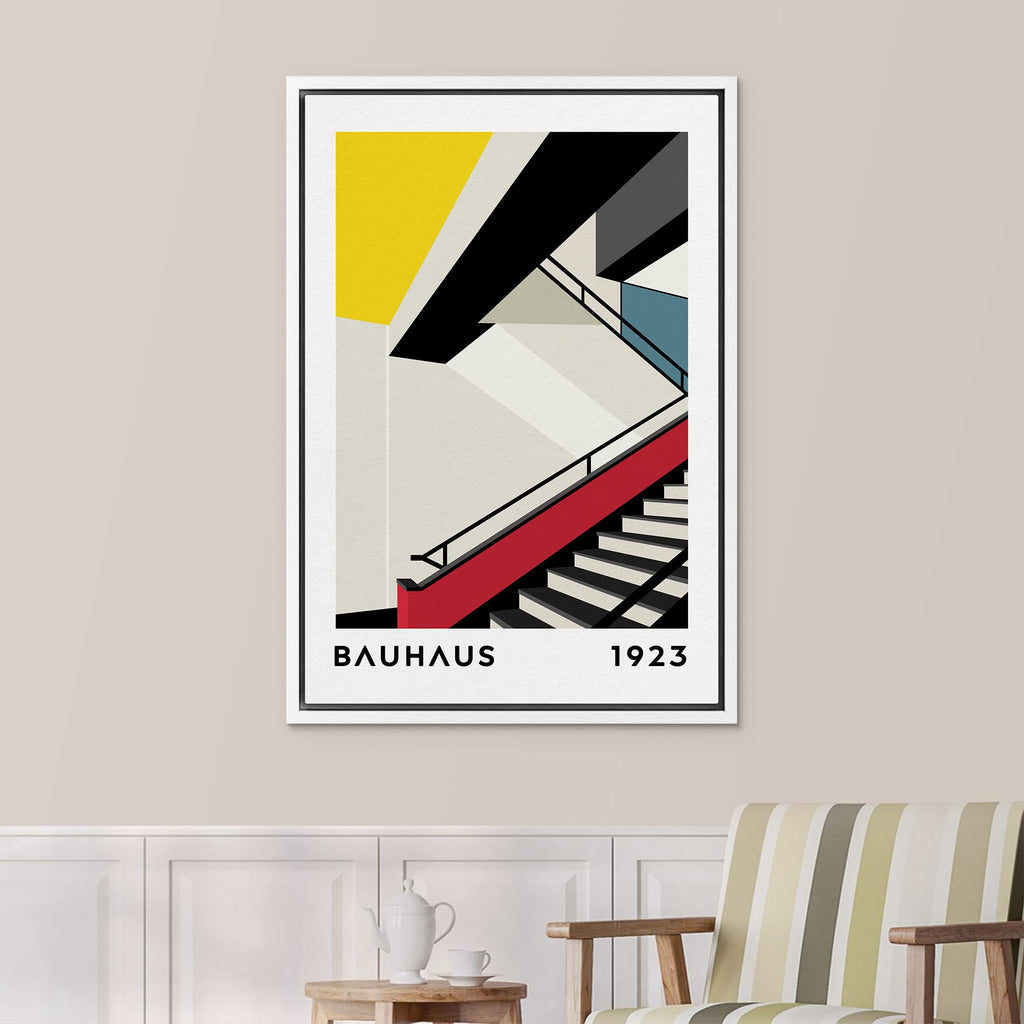 Framed Canvas Print Wall Art Bauhaus Art Deco Staircase Collage Abstract Shapes Illustrations Modern Decorative