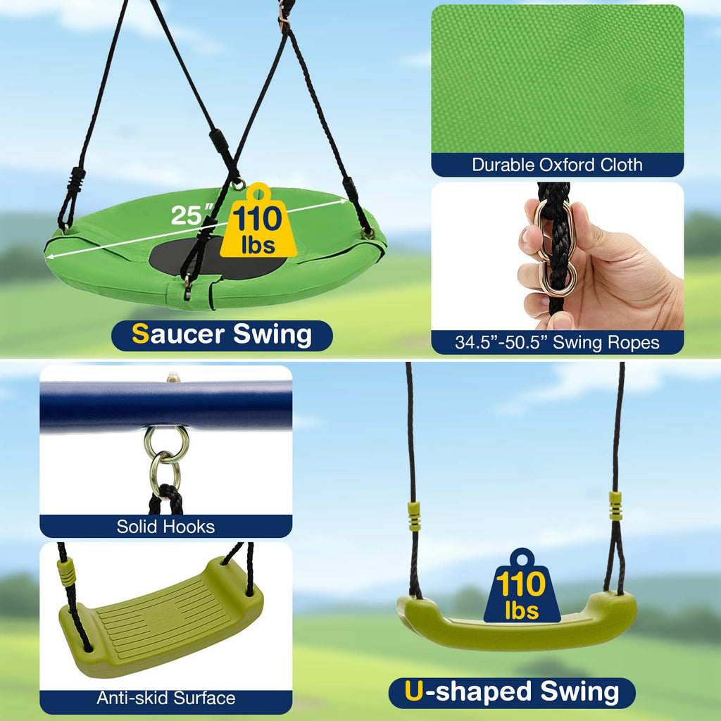 7-in-1 Swing Sets for Backyard, 660lbs Metal Playground Set w/Slide