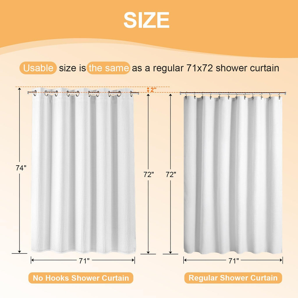 Cotton Blend No Hook Shower Curtain with Liner, White, 71Wx74L | with Snap in Liner, Heavyweight Waffle Fabric, Hotel
