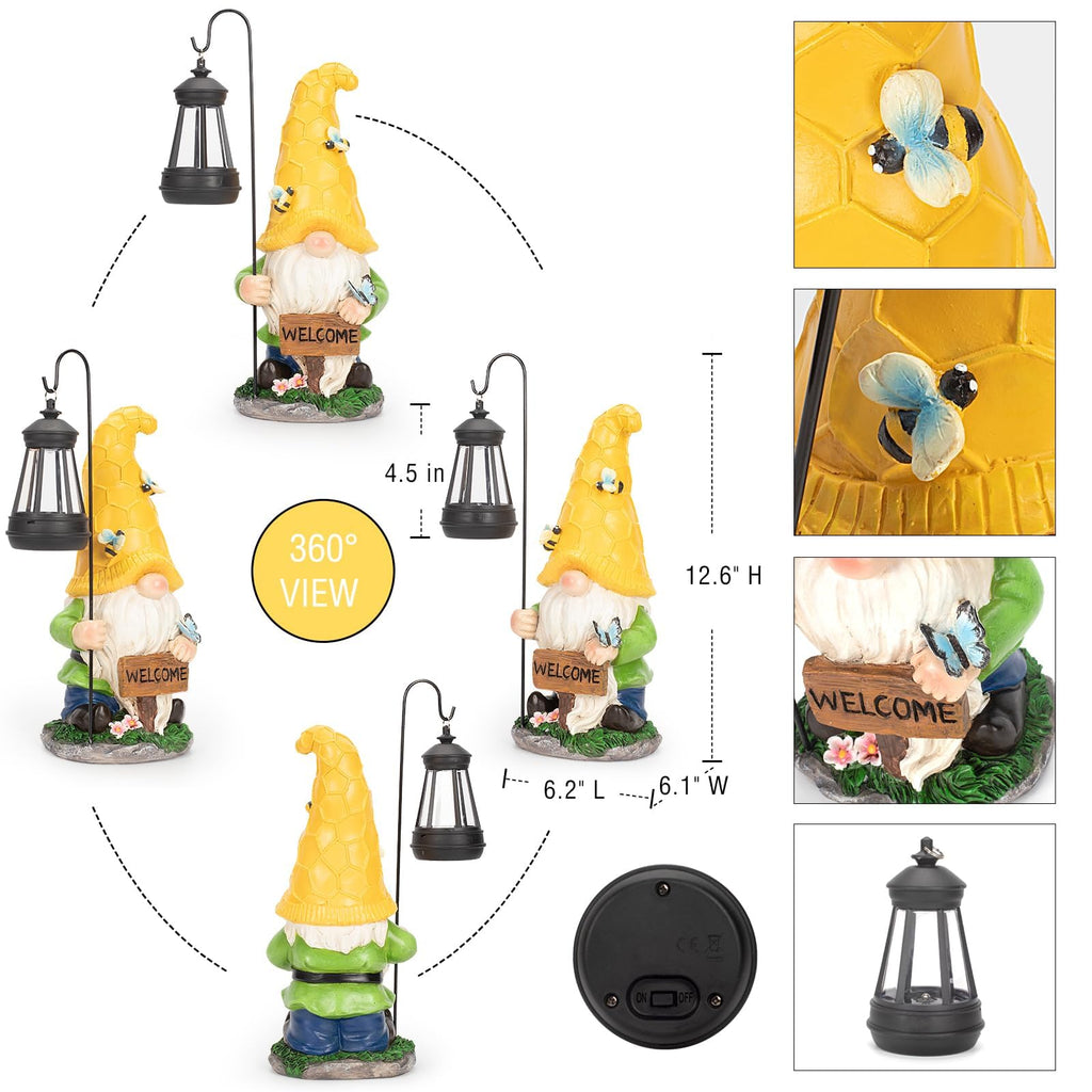 Solar Garden Gnome Statue with Lantern - Hand-Painted Resin Gnome Decor, IP44 Waterproof Outdoor Figurine for Yard