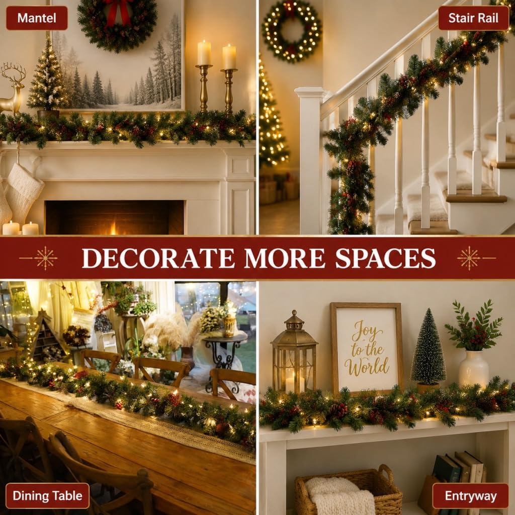 Pre-Lit Artificial Christmas Garland, 9 Feet, 50 Warm White Lights, Decorated with Pine Cones and Berry Clusters