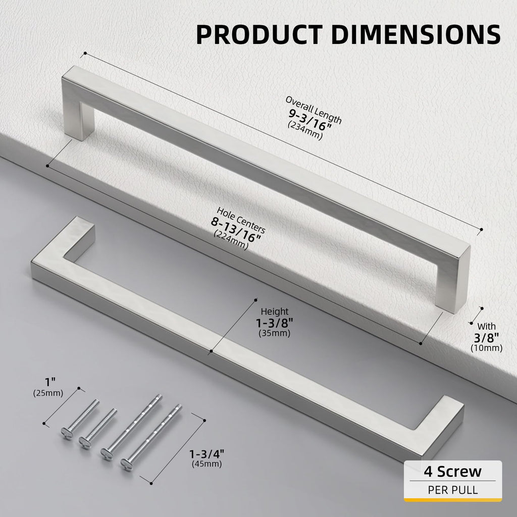 Brushed Nickel Cabinet Pulls 10 Pack 8-4/5 Inch, Square Drawer Handles, Stainless Steel, Screws Included, Silver