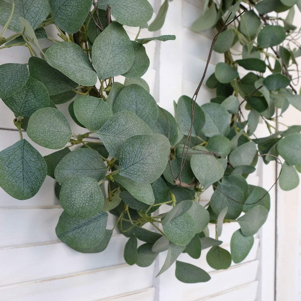 Eucalyptus Leaves Wreath Metal Polyester Fabric Paper Round Green Wreath 22 Inches for The Front Door Decor