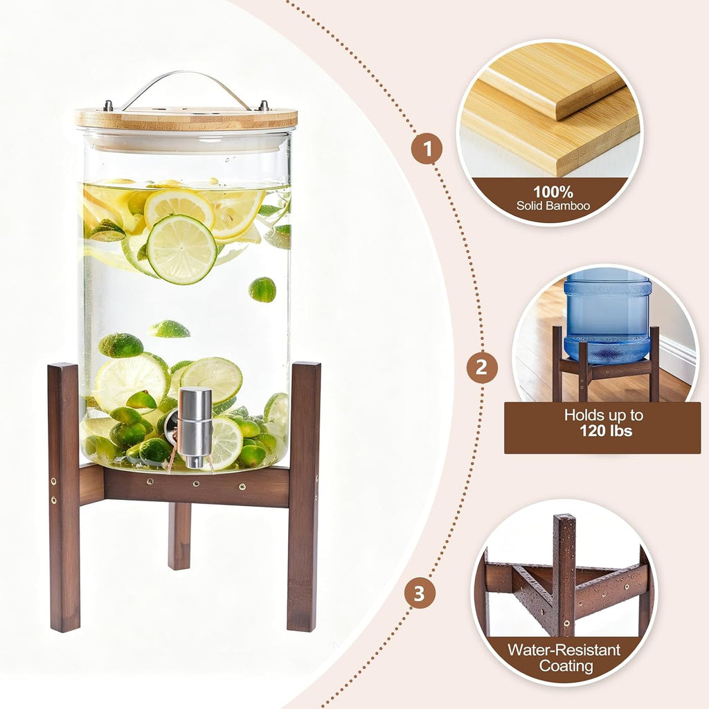 Adjustable Bamboo Drink Dispenser Stand, Water Dispenser Holder for 2-5 Gallon (8-12 Inch), Beverage Stand