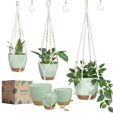 Self Watering Hanging Planters for Indoor Plants 3 Pack Macrame Plant Hangers with Drainage Holes Pots and Hooks