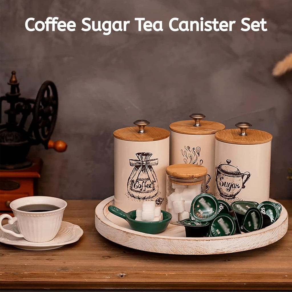 Small Canister Sets Counter, 25 Oz Coffee Sugar Tea Canister Set, Metal Vintage Kitchen Container 3 Pack, Food - Set of 3
