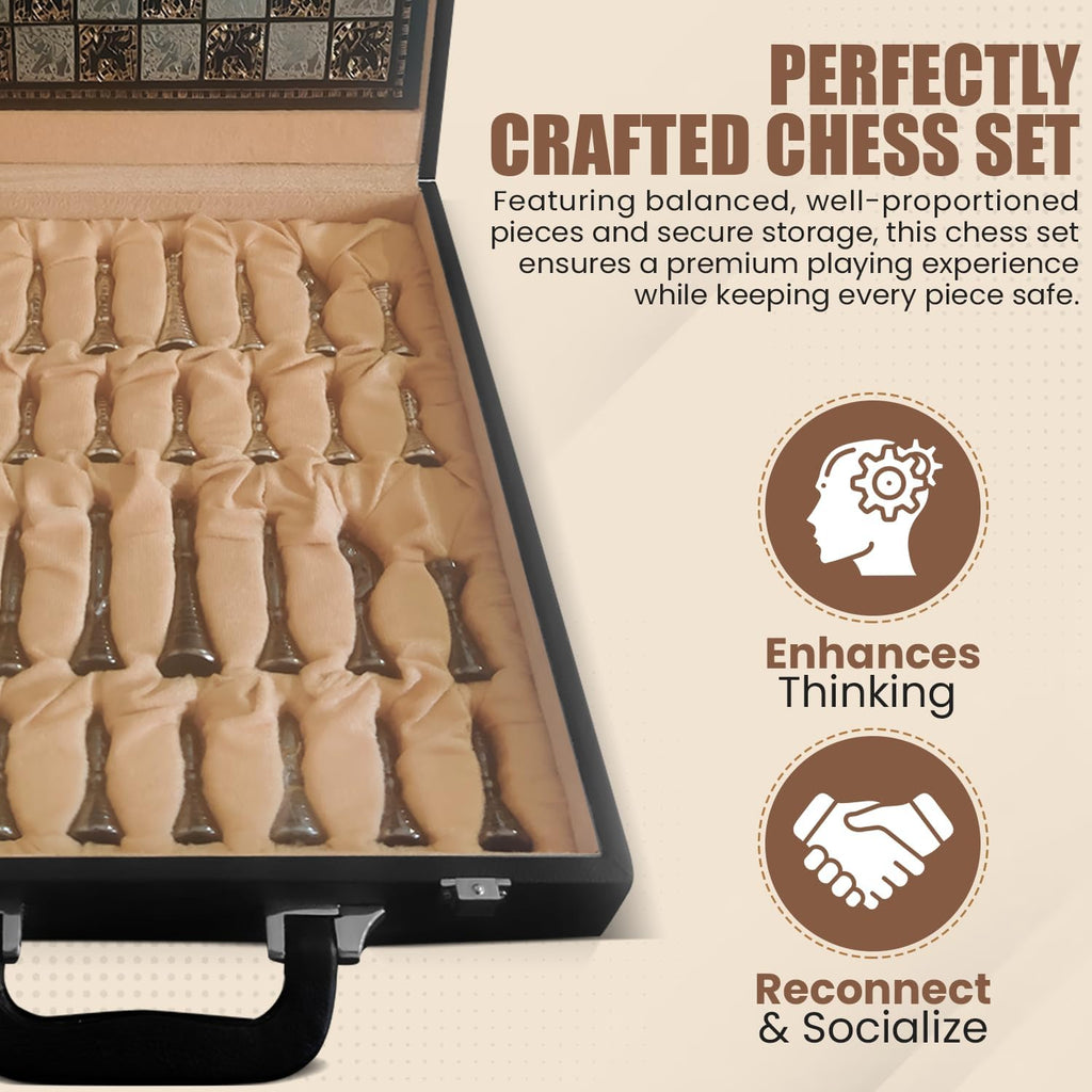 Collectible Metal Brass Chess Set Tribal Warli Art in Leather Storage Box. (12 X 12 in)
