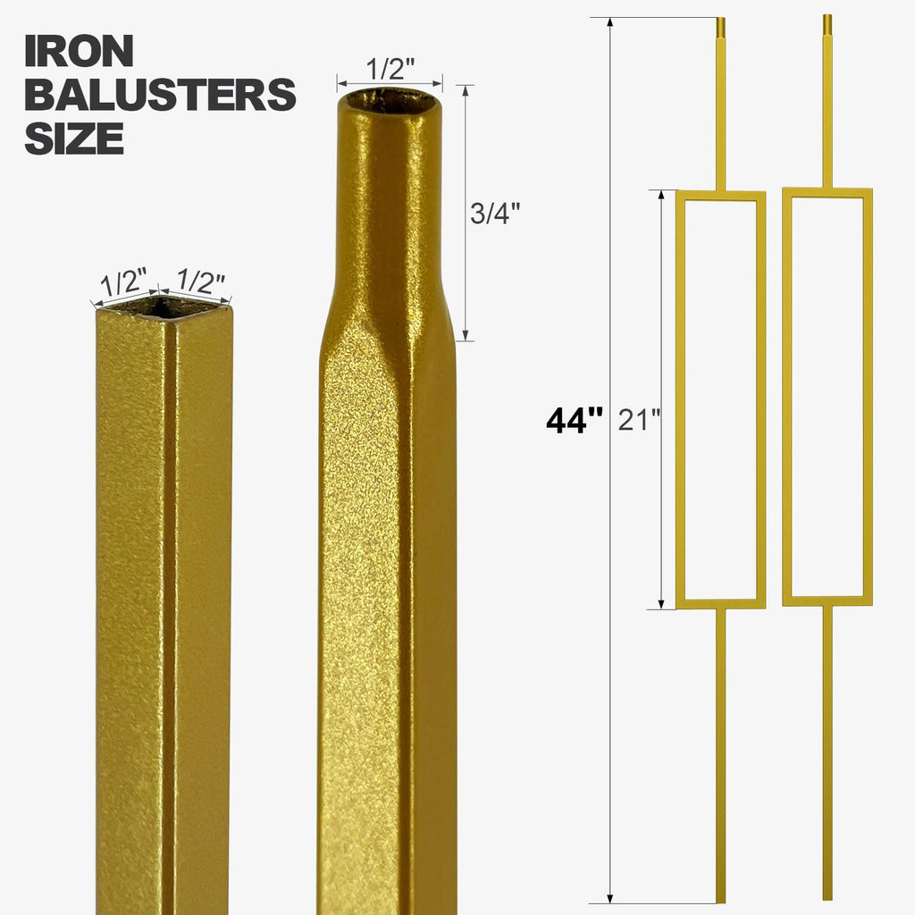 Glossy Gold Rectangle Wrought Iron Stair Balusters for Interior, 1/2" X 44" Square Metal Spindles for Stairs, Upgrade