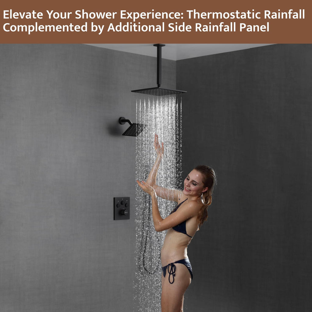 Thermostatic Shower System Matte Black, Push Button Diverter Shower Faucet with 2 in 1 Handheld, Ceiling Mount 12