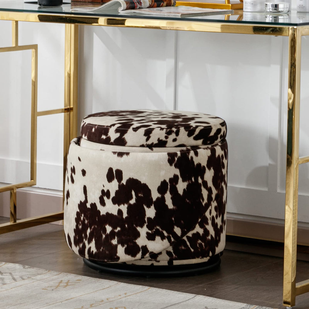Modern Round Swivel Vanity Storage Stool with Foldable Backrest, Linen Upholstered Ottoman with Removable Lid