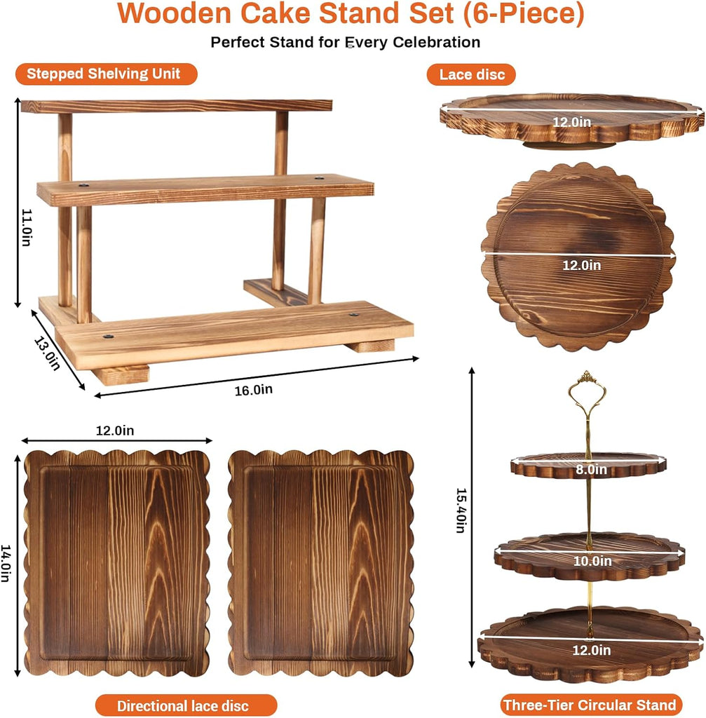 Set of 6 Wooden Dessert Display Table Set with 3-Tier Cupcake Stand | Round/Flat Platter, Cake Stand Rotating Tray