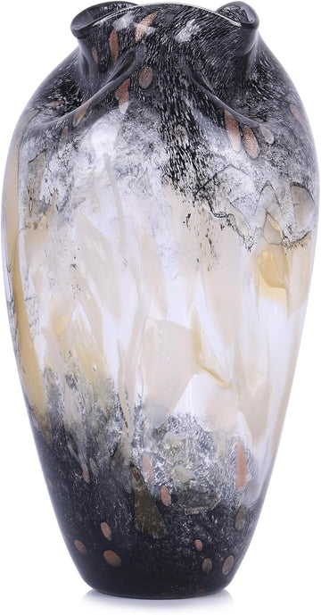 Murano Style Glass Vase, Hand Blown Decorative Art Vase with Ruffled Opening for Flowers, Shelf Tabletop Mantel