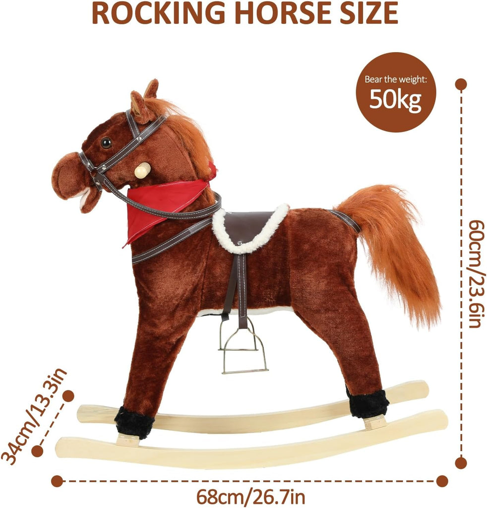 Plush Rocking Horse for Toddlers Age 1-6, Wooden Rocker with Moving Mouth & Wagging Tail, Musical with Sounds, 50kg