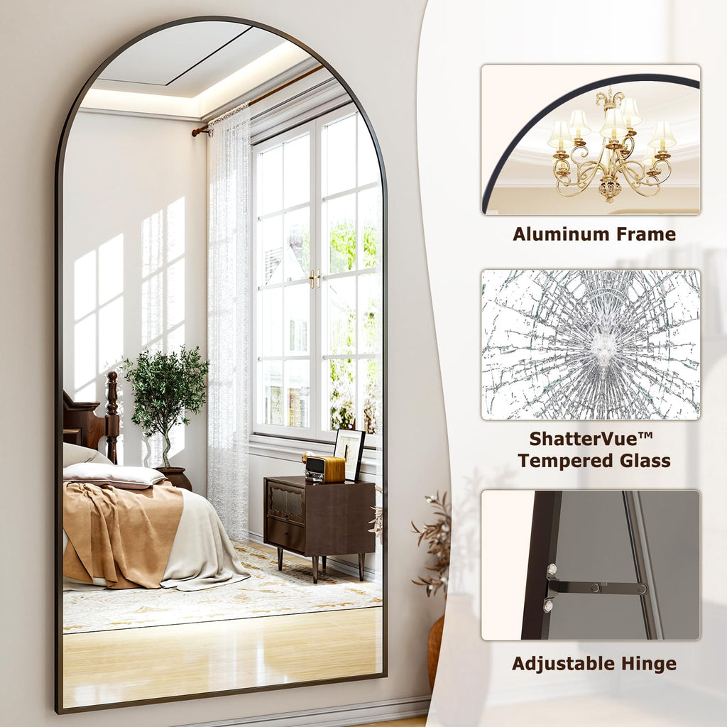 Oversized Full-Body Mirror, 77" x 38" Arched Full-Length Mirror, Black Metal Frame, Floor Mirror, Living/Dressing