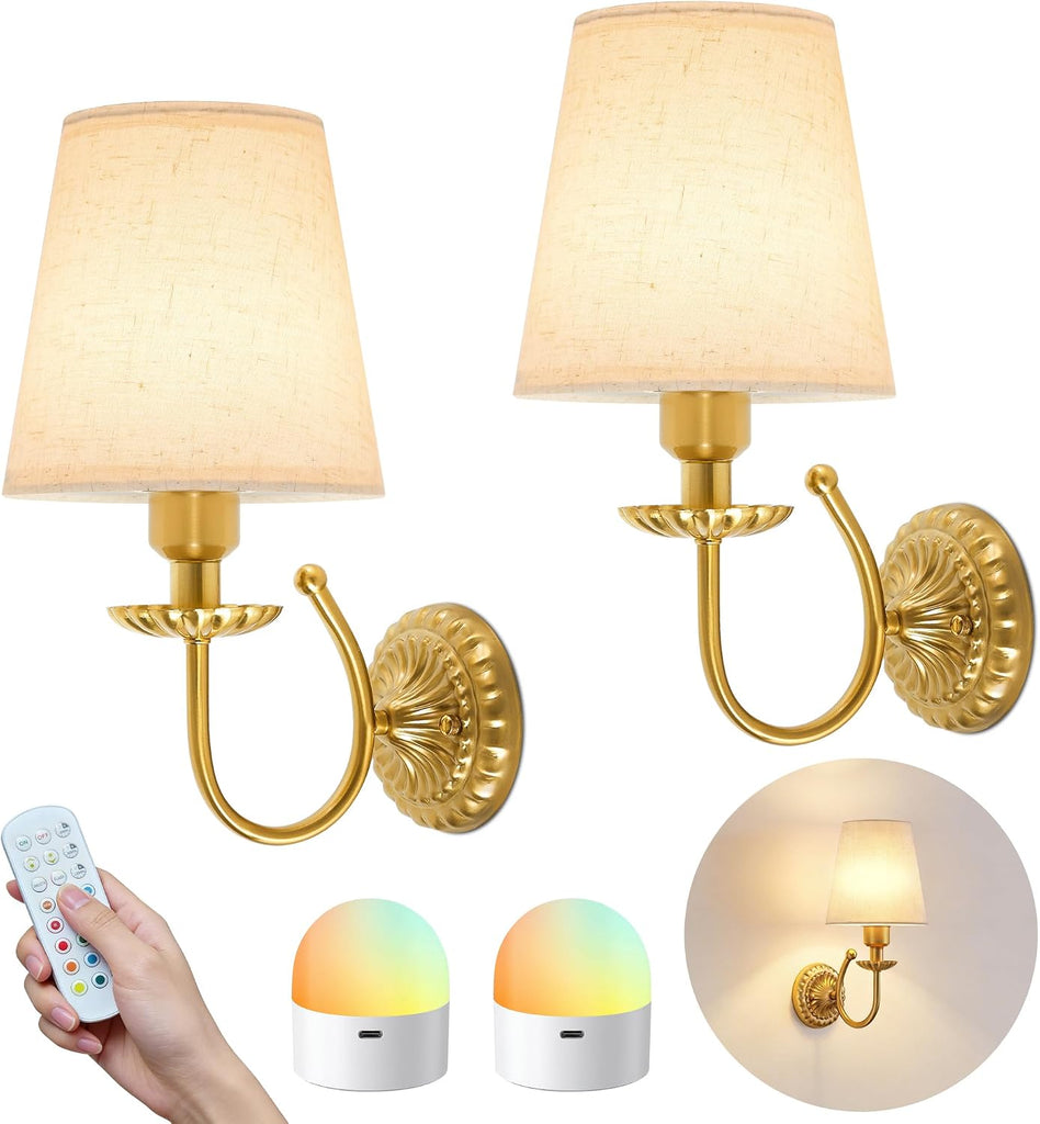 Wireless Wall Sconces Set of Two 14"H, 5300mAh Battery Operated Wall Sconce, Rechargeable Bulbs with Remote, 15