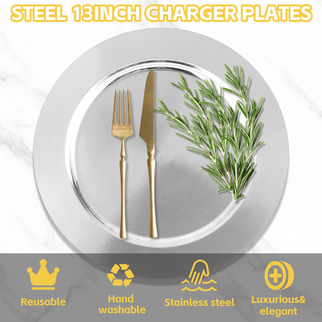 8PCS Stainless Steel Charger Plates 13inch Silver Charger Plate Metal Round Chargers for Dinner Plates Table Setting