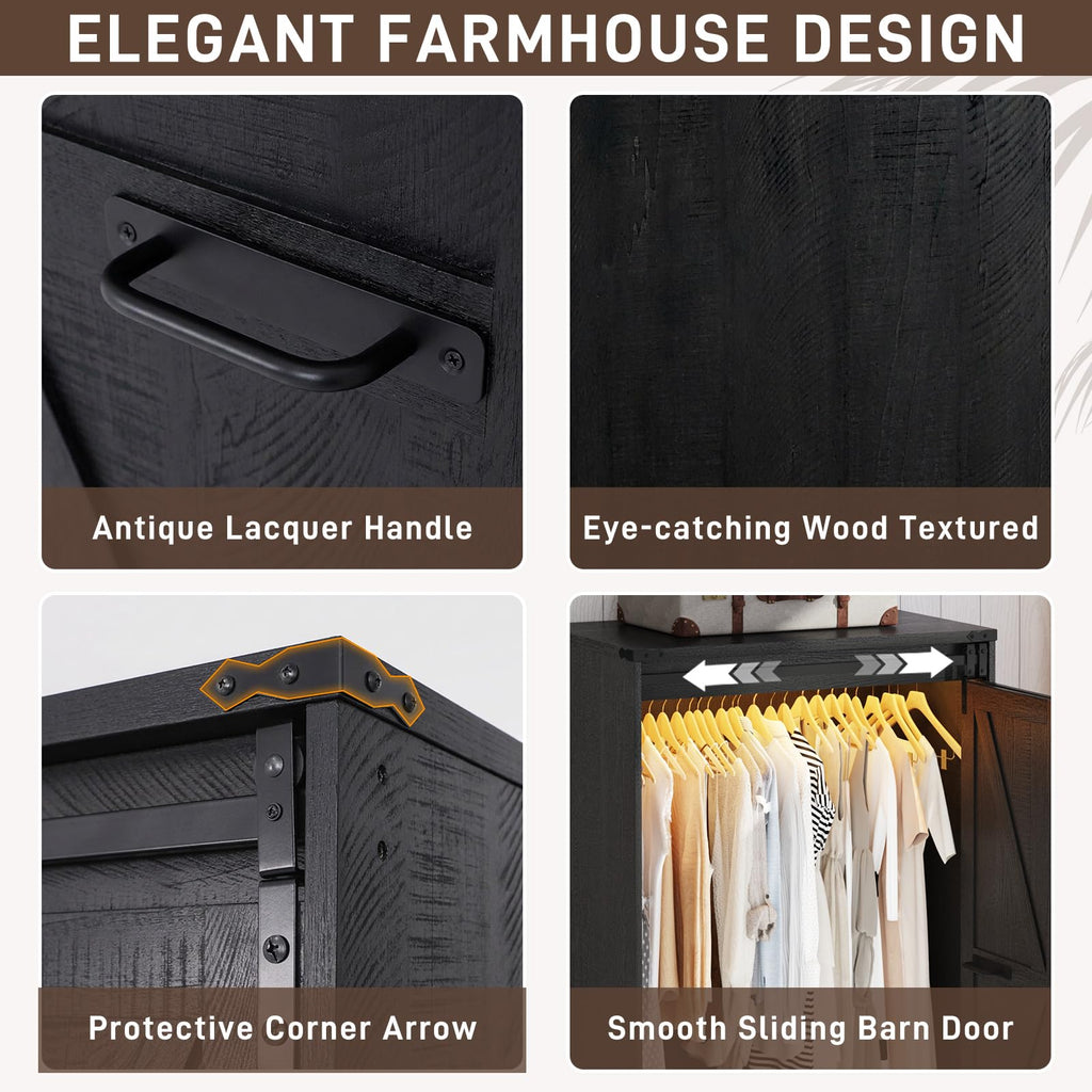 2 Doors Armoire Wardrobe Closet w/ Folding Sliding Barn Door, Rustic Black
