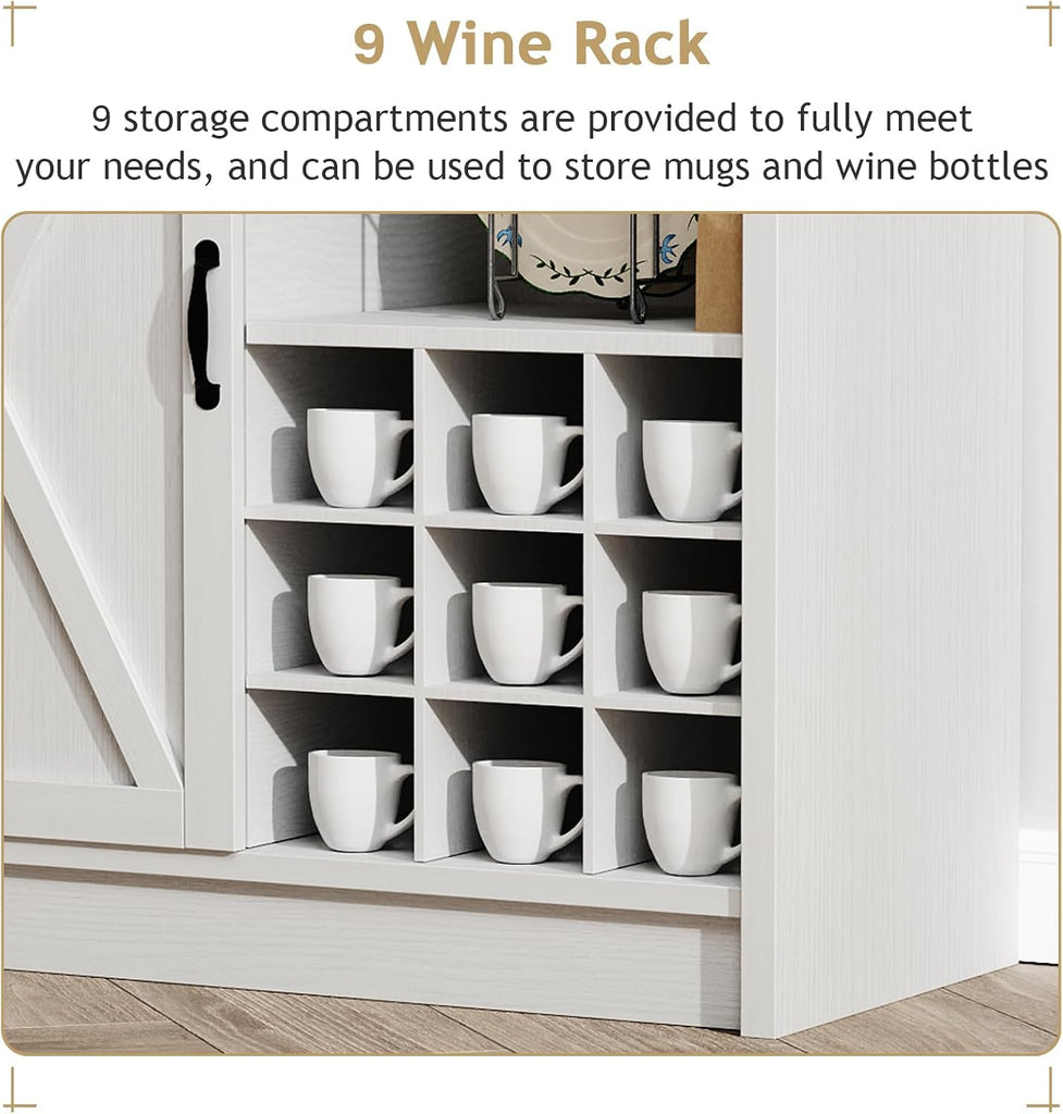 72" Farmhouse Coffee Bar Cabinet with Sliding Barn Door, White | Coffee Bar with Wine Rack, Ample Storage, Hooks and