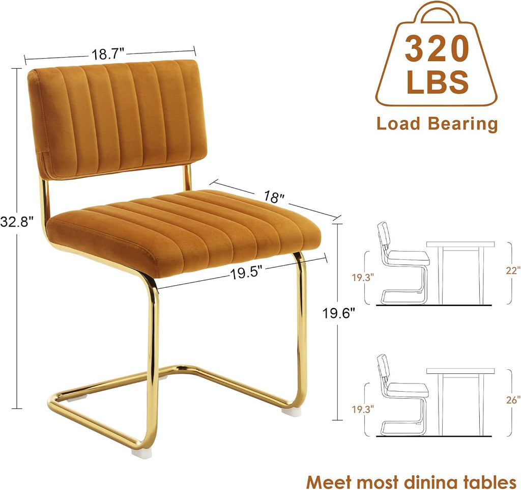 Orange Velvet Dining Chairs Set of 2, Upholstered Kitchen & Dining Room Chair, Comfy Dinner Chair with Gold Metal