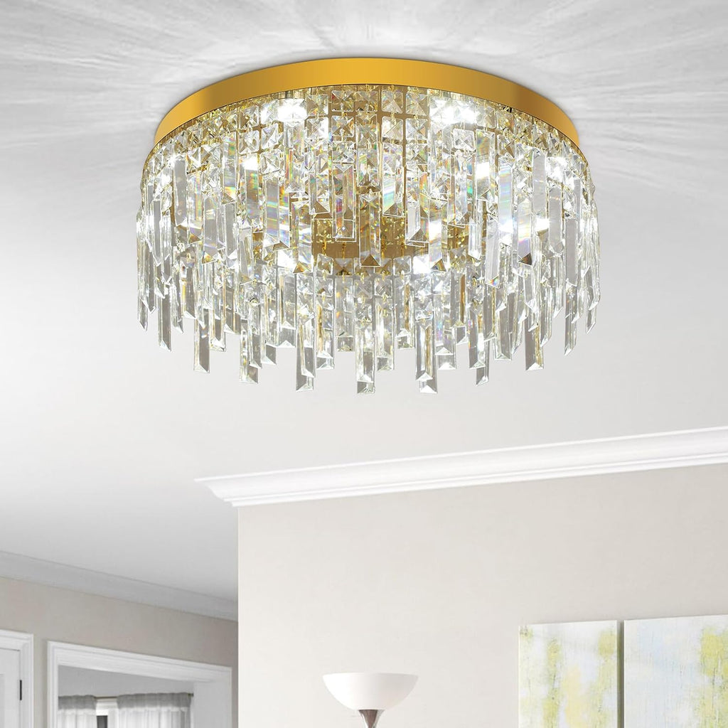 Gold Crystal Chandeliers for Dining Room 19.68" Round Luxury Flush Mount Crystal Ceiling Light Fixture Modern